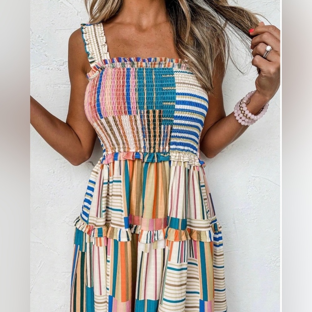 Boho color block stripes shirred bodice  cami dress - Picture 3 of 3